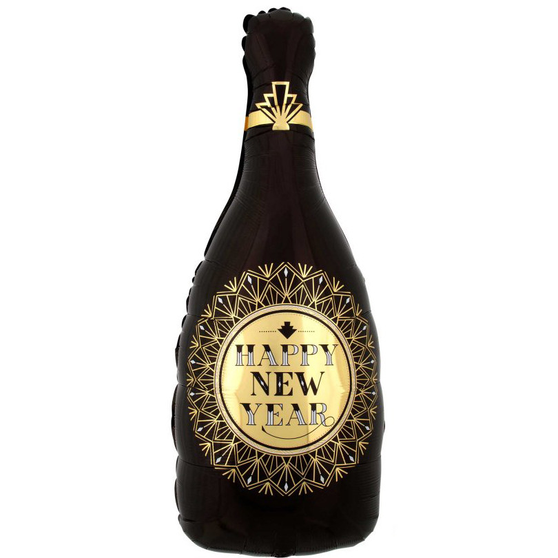 Фольгована кулька фігура "Пляшка шампанського HNY" чорна 83х43 см. в уп. (1шт.)