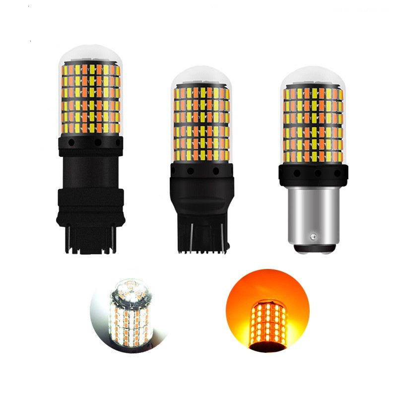 LED Автолампи ДХО габарити — поворот 3157 (P27W, T25) 144SMD, 12 В, 27 ВТ Canbus, білий жовтий
