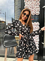 Модна коротка сукня "Соня" вільного крою у квіточку з довгим рукавом і поясом (42, 44, 46), Чорна