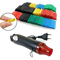 Термофен технічний, для клею та стяжки термотрубок JCD M300 з набором термотрубок 328 штук. Оригінал!