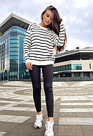 Модный молодежный вязаный теплый полосатый свитер в стиле оверсайз Цвет Белый в Черную полоску