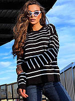 Модный молодежный вязаный теплый полосатый свитер в стиле оверсайз Цвет Черный в Белую полоску