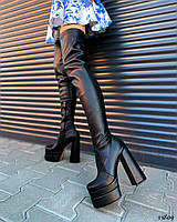 Демисезонные женские стрейчевые ботфорты чулки на высоком широком каблуке и платформе Братц