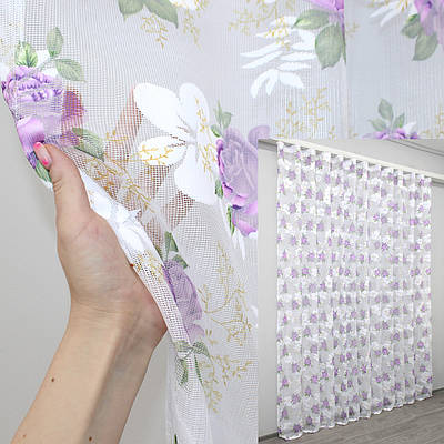 Тюль сітка жакардова. Колір білий з фіолетовим. Код 1331т