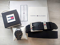 Мужской подарочный набор Tommy часы и кожаный ремень total black