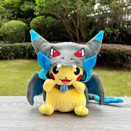 М'яка плюшева іграшка Пікачу 21 см із усмішкою в темному костюмі дракона Чариард Покемон Pokemon