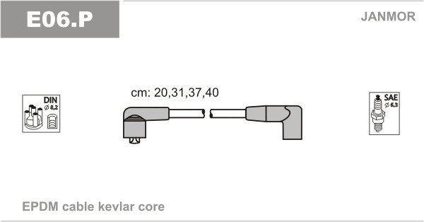 Дроти запалювання JanMor E06 для FIAT, CINQUECENTO 0,9 двиг. 170 A1.000, 0,9 I. E. двиг. 1170 A1.046, 0,9 I. E. S двиг. 170, фото 1