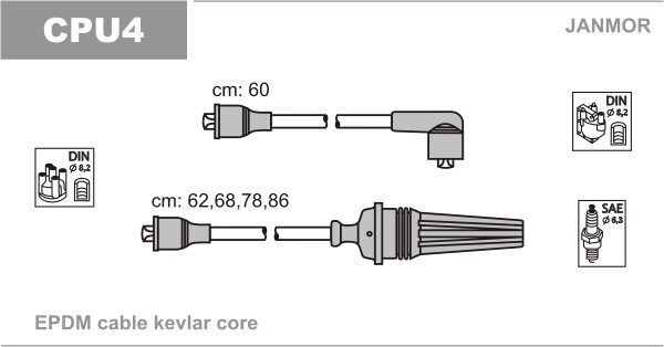 Дроти запалювання JanMor CPU4 для PEUGEOT 205 1,0 двиг. 108C (XV8), 1,1 двиг. 109N (XW7), 109F (XW7), 1,4 двиг. 150D (XY7), 150G