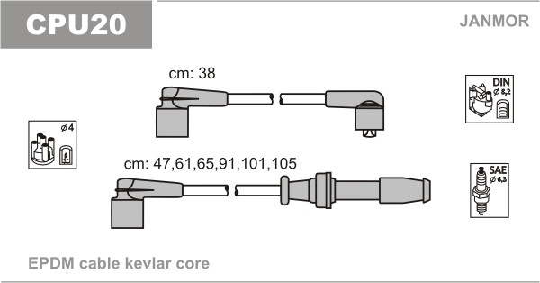 Дроти запалювання JanMor CPU20 для CITROEN XM 3,0 V6 24V двиг. SKZ (ZPJ4/Z), UKZ (ZPJ4/Z), PEUGEOT 605 3,0 SV 24 двиг. UKZ