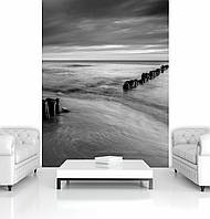 Флизелиновые фотообои в интерьере гостиной 206x275 см Черно-белый морской пляж (1029VEA) +клей