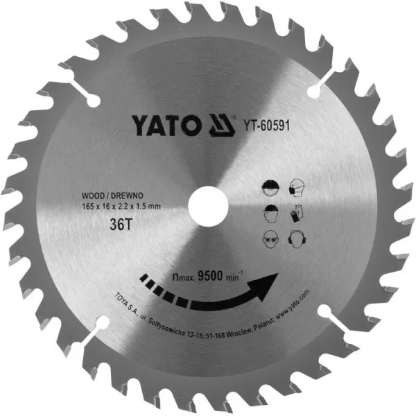 Диск пиляльний переможевий для дерева 165x16x2.2x1.5мм YATO 36Т