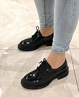 Женские лакированные туфли со шнурками на низком ходу черные натуральная кожа 4F3257D-0255-W381A Molka 2917
