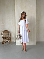 Белое женское нарядное платье длина миди с пышной юбкой, рукава воланы