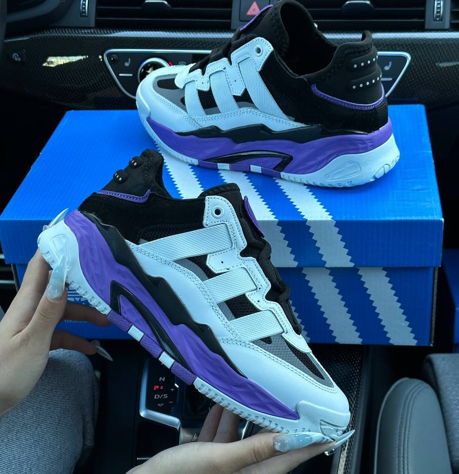 Жіночі кросівки Adidas Niteball весна-осінь повсякденні шкіряні (White Black Purple). Живе фото, фото 1