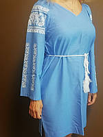 Жіноча блакитна сукня з вишивкою з довгим рукавом ТМ Амулет УкраїнаТД 44-64 розміри льон