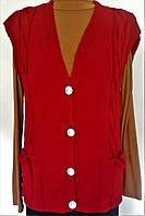 Теплая вязанная женская красная жилетка с карманами, полушерстяная, размер 46 - 48