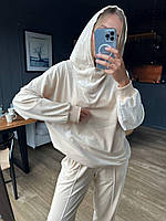 Стильный женский тёплый об"ёмный костюм с глубоким капюшоном Плюш 42-46,46-48 Цвет Беж