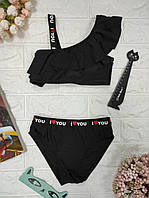 Купальник для дівчинки роздільний топ з воланом і високі плавки чорного кольору р. 34-42