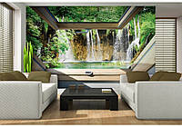 Флизелиновые фотообои в гостиную природа 416x254 см 3д Вид из мансардного окна на лес с водопадом