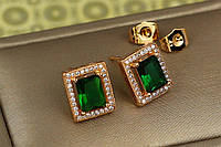 Серьги гвоздики Xuping Jewelry прямоугольный ободок с зеленым фианитом 1.3 см золотистые