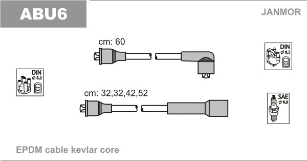 Дроти запалювання JanMor ABU6 для AUDI, 50 1,1, 1,3, 80 1,3, 1,5, 1,6 GT, 1,6, 1,6 GTE, 1,6 GLE, 100 1,8, 1,9, FOX 1,3, 1,5, 1,6, фото 1