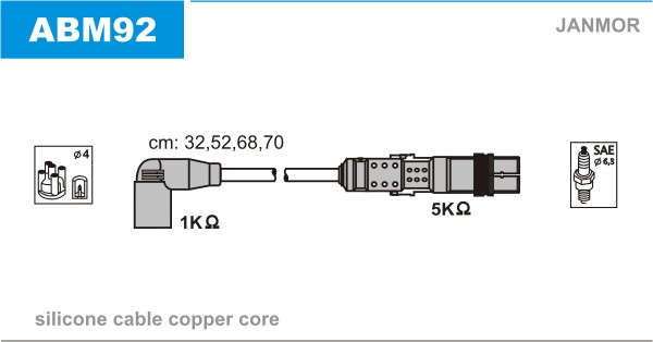 Дроти запалювання JanMor ABM92 для AUDI A3 1,6 двиг. AVU, BFQ, BGU, BSE, BSF, A4 1,6 двиг. AHL, ANA, ARM, ALZ, SEAT, CORDOBA 1,6