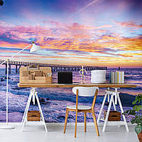 Фотообои в спальню 3д Пейзаж Волны Пляж 368x280 см Фиолетовый закат солнца на море (10514P10) +клей