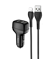 Автомобильное зарядное устройство в прикуриватель HOCO 2USB порта 2.4A + кабель Lightning Black (Z36)