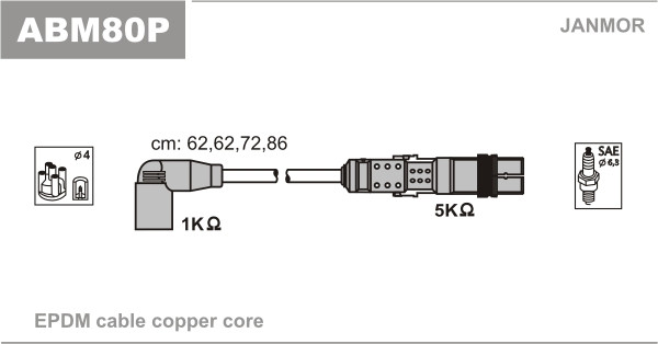 Дроти запалювання JanMor ABM80P для SEAT, CORDOBA / IBIZA 1,0 двиг. ALD, ANV, AUC, 1,4 двиг. AKK, ANW, AUD, INCA 1,4 I двиг. AEX,