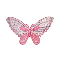 Термонашивка на Одяг "Метелик", Органза з паєтками, Колір: Рожевий, 19х12см, (1 шт.)