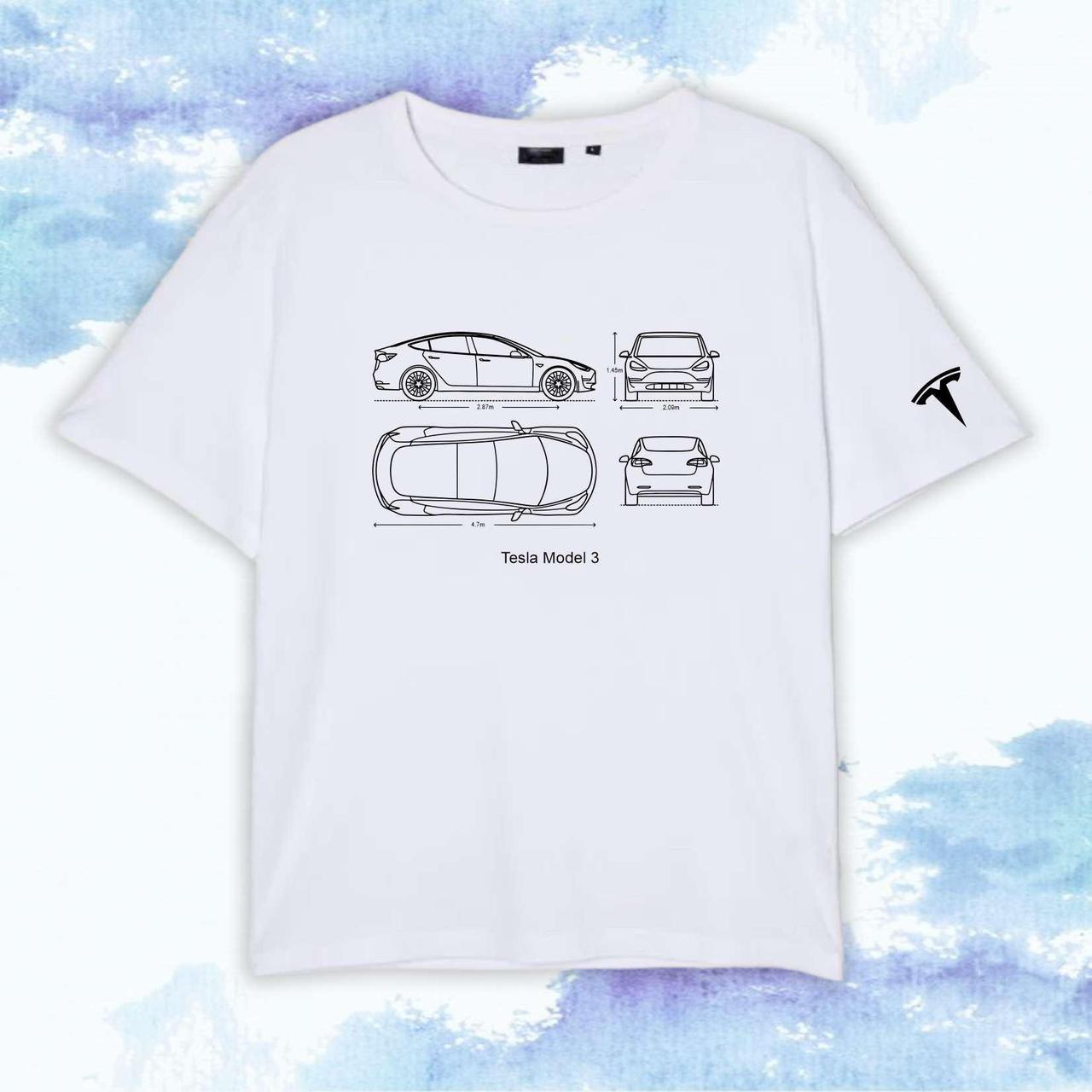 Футболка с принтом "Tesla" model 3 чертёж - Белый - XS, фото 1