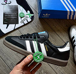 Чоловічі кросівки Адідас самба кеди Adidas Samba осінь-весна шкіряні чорні. Фото в живу. топ