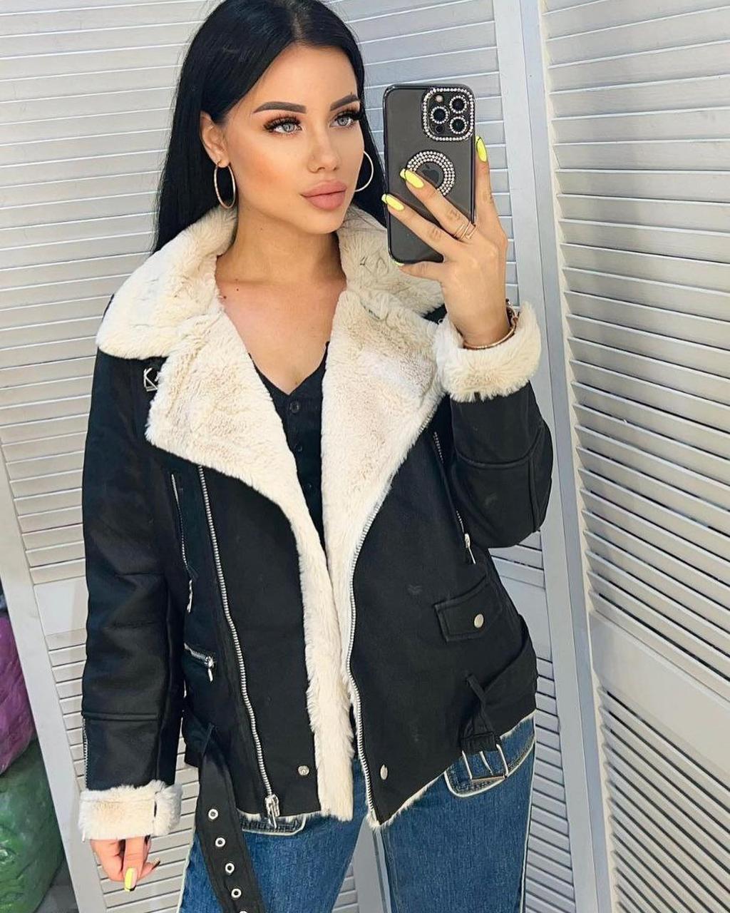 Жіноча чорна дублянка косуха з білим хутром, фото 1