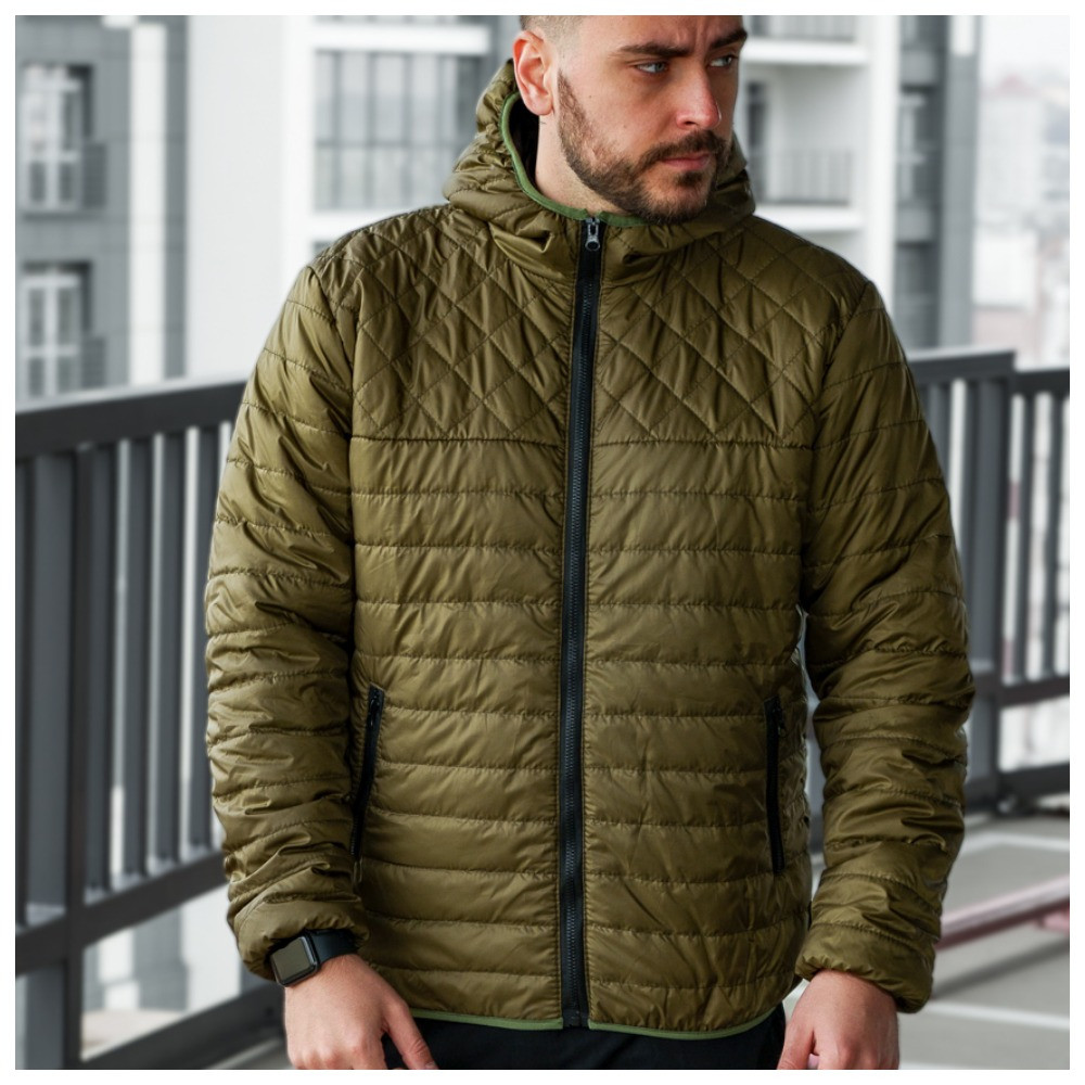 Чоловіча куртка з капюшоном Хот, хакі осіння / весняна куртка ромбиком зелена, фото 1