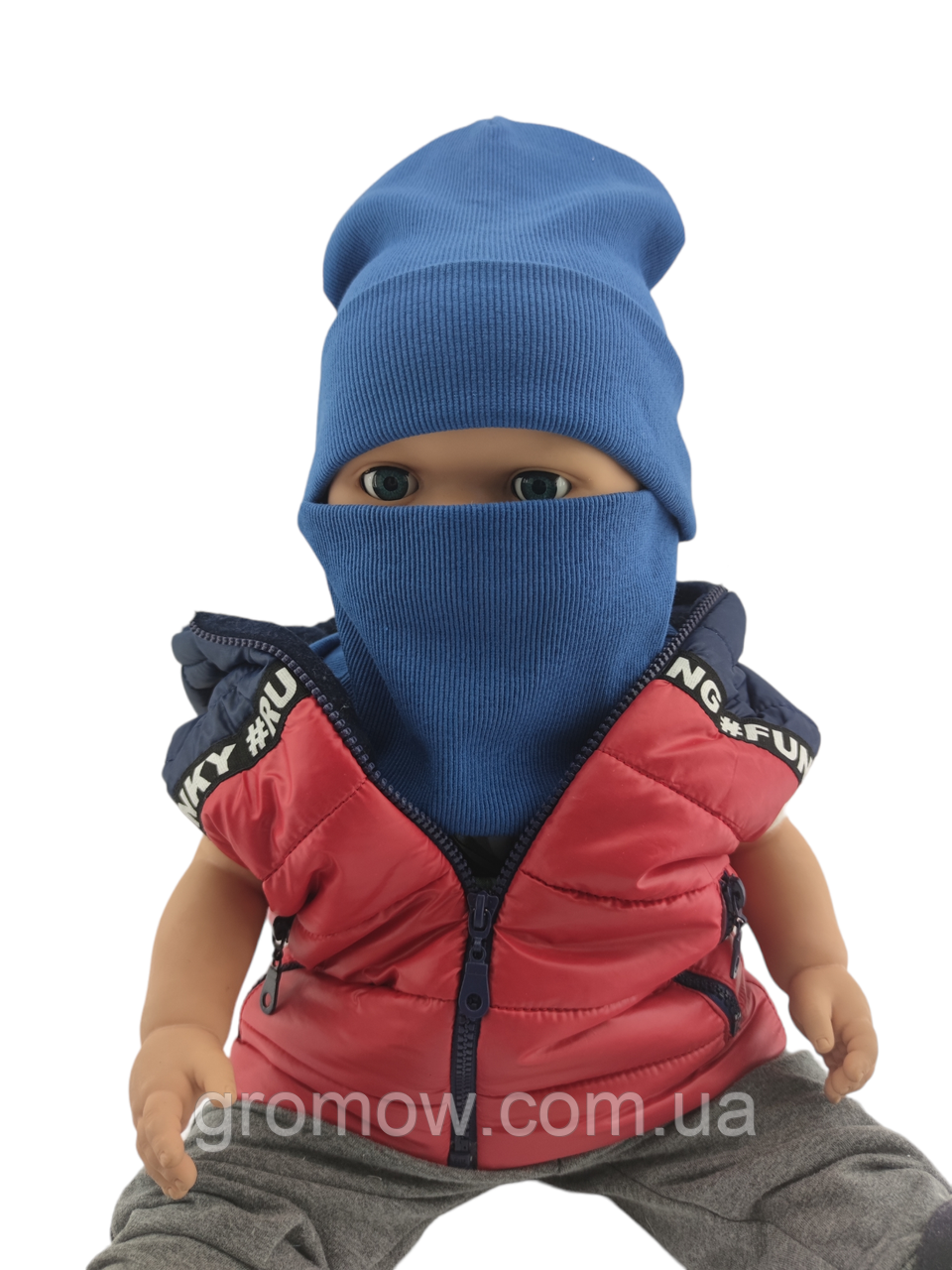 Шапка дитяча трикотажна подвійна демісезонна з хомутом дитячі головні убори синій (ШД409), фото 1