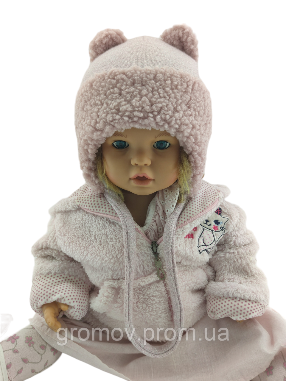 Дитяча в'язана шапка тепла з флісом на зав'язках дитячі головні убори рожевий (ШДТ288), фото 1