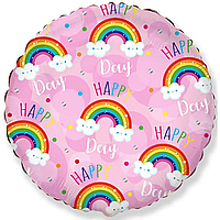 Шар фольгированный круглый Happy birthday розовая радуга (Flexmetal)