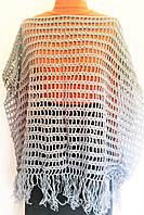 Вязанное ажурное женское пончо сетка, полушерсть, серого цвета, размер 46-54