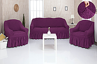 Чехол на диван и два кресла с оборкой, натяжной, жатка-креш, универсальный Concordia фиолетовый