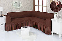 Чехол на угловой диван  с оборкой, натяжной, жатка-креш, универсальный, Concordia коричневый