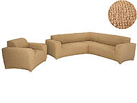 Чехол на угловой диван и кресло без оборки, натяжной, жатка-креш, универсальный Concordiа, персиковый беж