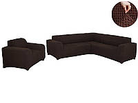 Чехол на угловой диван и кресло без оборки, натяжной, жатка-креш, универсальный Concordiа, коричневый