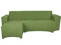 Чехол на уловой диван с правым выступом (оттоманкой),натяжной, жатка-креш, универсальный оливковый