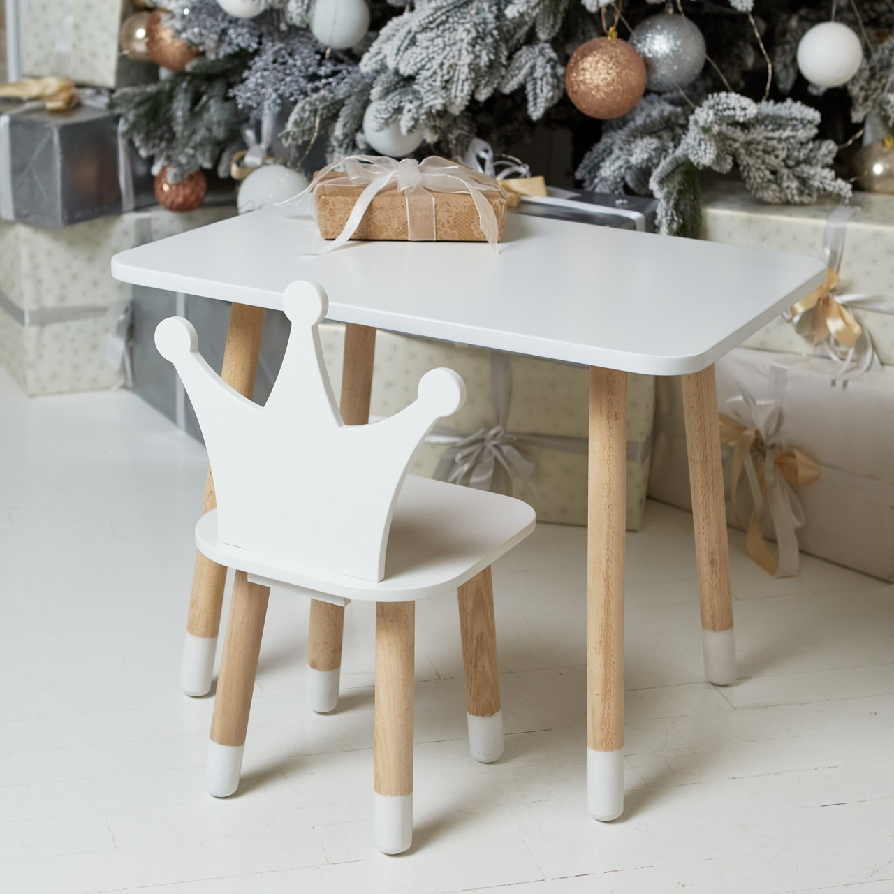 Дитячий білий прямокутний стіл і стільчик біла корона