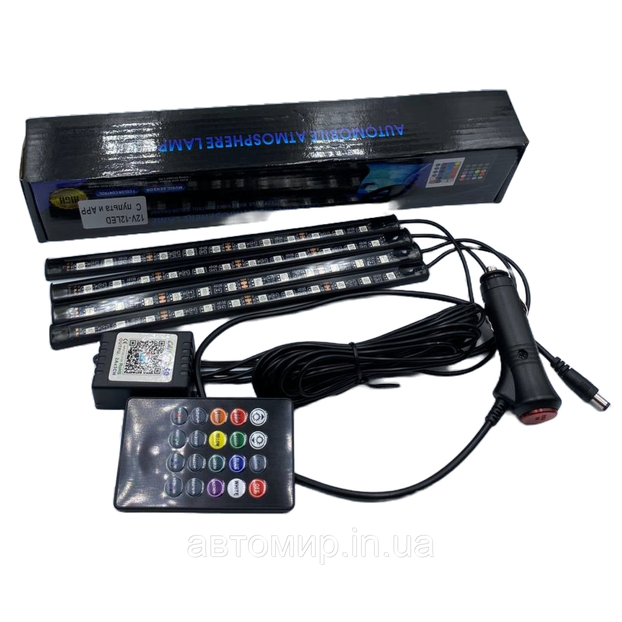 Світлодіодне підсвічування для автомобіля RGB LED в салон на 4 стрічки від прикурювача з пультом, фото 1