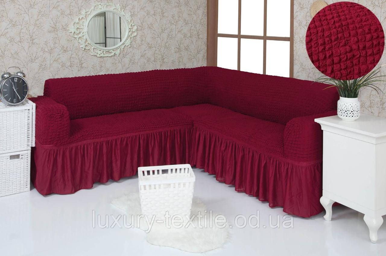 Чохол на кутовий диван з оборкою, натяжна, жатка-креш, універсальний, Concordia бордовий