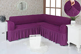 Чохол на кутовий диван з оборкою, натяжна, жатка-креш, універсальний, фіолетовий Concordia