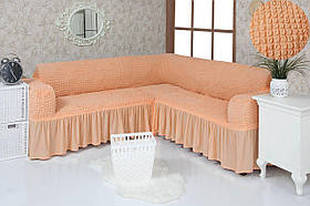 Чохол на кутовий диван з оборкою, натяжна, жатка-креш, універсальний, персиковий Concordia