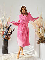 Женский махровый халат на запах с капюшоном и карманами Розовый, 42-48