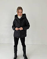 Женская зимняя курточка зефирка с капюшоном чорний, 42